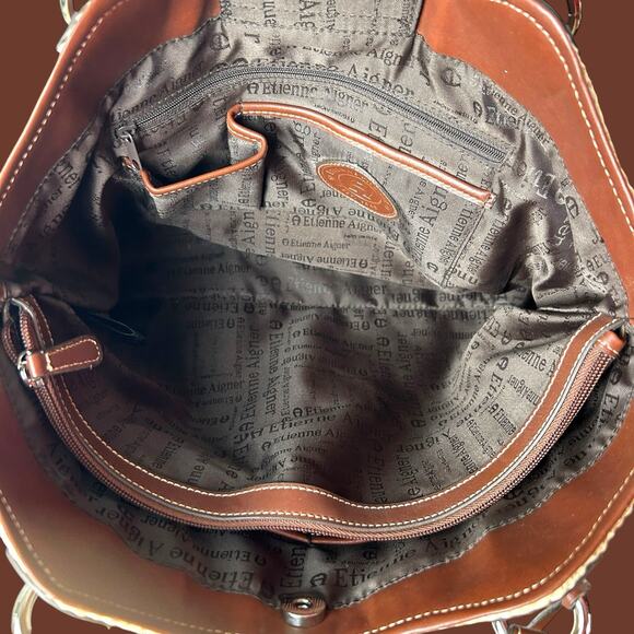 Etienne Aigner Shoulder Bag Woven Straw Basket Tote Brown Vegan Leather Trim - Picture 5 of 14